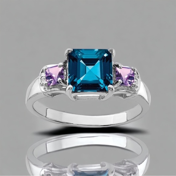 925 Sterling Silver Rhodium London Blue Topaz, Amethyst, Diamond Gemstone Ring - Picture 8 of 8